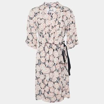 Pre Owned Diane Von Furstenberg Light Orange Print Crepe Wrap Mini Dress XS