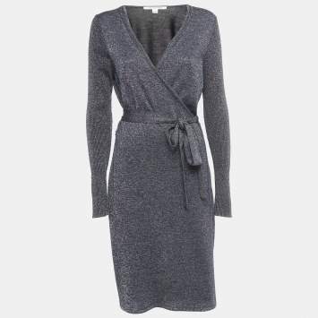 Pre Owned Diane Von Furstenberg Navy Blue Lurex Knit Evelyn Wrap Dress L