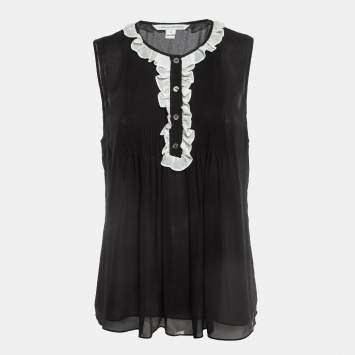 Pre Owned Diane Von Furstenberg Black Silk Ruffle Detail Top M