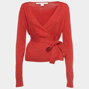 Pre Owned Diane Von Furstenberg Red Silk Blend Knit Ballerina Wrap Sweater M