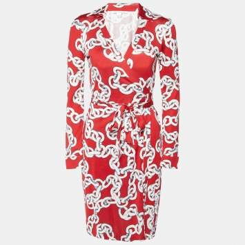 Pre Owned Diane Von Furstenberg Red Chain Print Silk New Jeanne Two Wrap Dress S