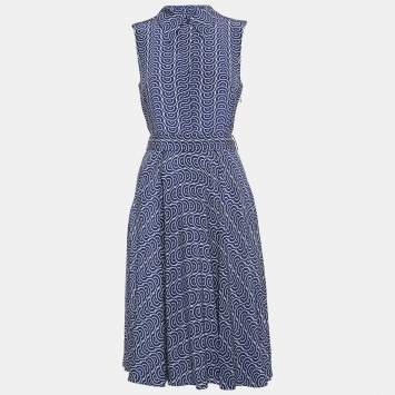 Pre Owned Diane Von Furstenberg Blue Printed Silk Belted Mid Dress S