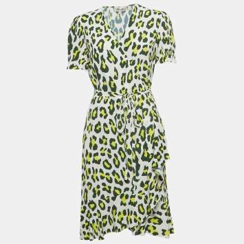 Pre Owned Diane Von Furstenberg Green Leopard Print Crepe Midi Wrap Dress M