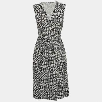 Pre Owned Diane Von Furstenberg Black/White Geometric Print Jersey Midi Wrap Dress L