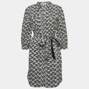 Pre Owned Diane Von Furstenberg White Floral Print Cotton Belted Shirt Dress L