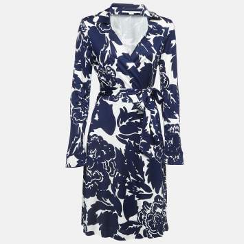 Pre Owned Diane Von Furstenberg  Navy Blue Floral Printed Jersey Midi Wrap Dress L