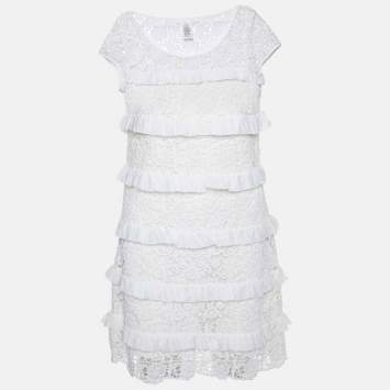Pre Owned Diane Von Furstenberg White Lace Ruffle Detail Arcelia Dress M