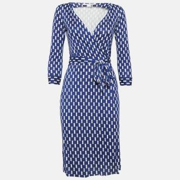 Pre Owned Diane Von Furstenberg Blue Printed Silk Jersey Wrap Dress XS