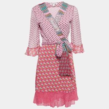 Pre Owned Diane Von Furstenberg Pink Floral Print Silk Jersey Wrap Dress L