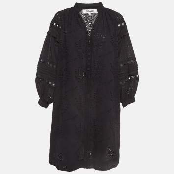 Pre Owned Diane Von Furstenberg Black Nicolette Broderie Anglaise Cotton Mini Dress L