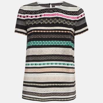 Pre Owned Diane Von Furstenberg Multicolor Print and Studded Silk Top XS