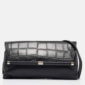 Pre Owned Diane Von Furstenberg Black Croc Embossed and Leather Flap 440 Shoulder Bag