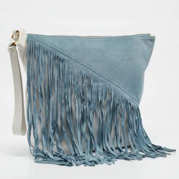 Pre Owned Diane Von Furstenberg Slate Blue/Ivory Leather and Suede Fringe Wristlet Bag