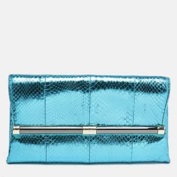 Pre Owned Diane Von Furstenberg Metallic Blue Foil Snakeskin Envelop Clutch