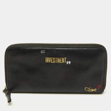 Pre Owned Diane Von Furstenberg Black Leather Zip Around Wallet
