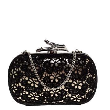 Pre Owned Diane Von Furstenberg Black/Gold Lace and Patent Leather Sphere Chain Clutch