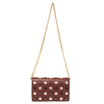 Pre Owned Diane von Furstenberg Burgundy Leather Studded Flap Shoulder Bag
