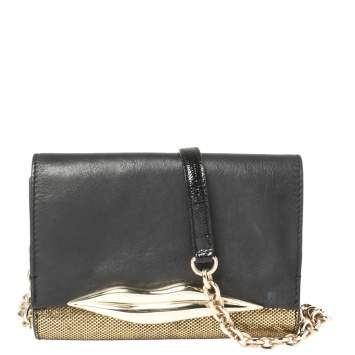 Pre Owned Diane von Furstenberg Metallic Gold Fabric and Black Leather Flirty Lips Mini Crossbody Bag