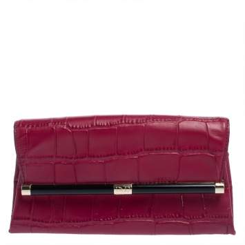 Pre Owned Diane Von Furstenberg Fuchsia Croc Embossed Leather Clutch