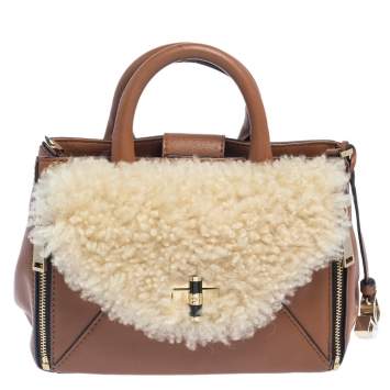 Pre Owned Diane von Furstenberg Brown Leather And Cream Shearling Fur Mini Secret Agent Tote