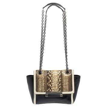 Pre Owned Diane Von Furstenberg Black/Cream Leather and Watersnake Highline Shoulder Bag