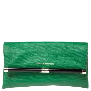 Pre Owned Diane von Furstenberg Green Lizard Embossed Leather 440 Envelope Clutch