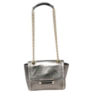 Pre Owned Diane von Furstenberg Grey/Metallic Lizard Embossed and Leather Mini 440 Shoulder Bag