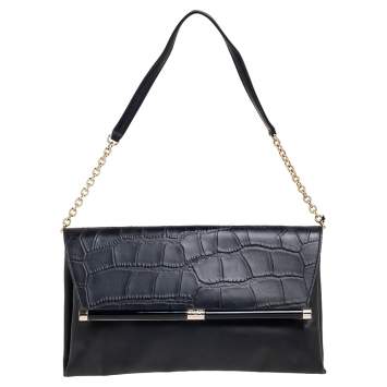 Pre Owned Diane Von Furstenberg Black Leather and Croc Embossed Leather Flap Shoulder Bag