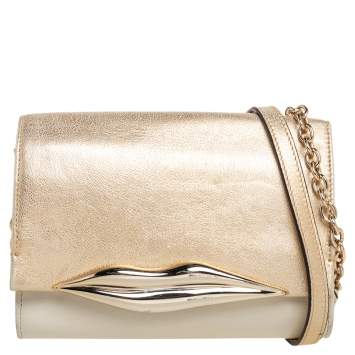 Pre Owned Diane von Furstenberg Gold/Off White Leather Flirty Lips Mini Crossbody Bag