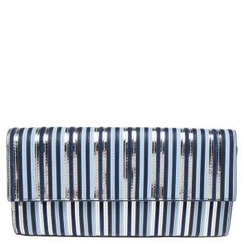 Pre Owned Diane Von Furstenberg Blue/Silver Leather and Suede Stripe East West Clutch
