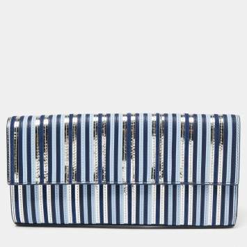 Pre Owned Diane Von Furstenberg Blue/Silver Leather and Suede Stripe East West Envelope Clutch