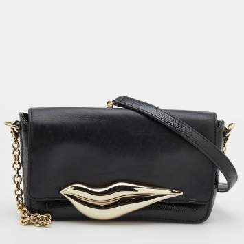 Pre Owned Diane Von Furstenberg Black Patent and Leather Flirty Lips Shoulder Bag