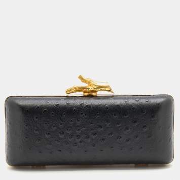 Pre Owned Diane Von Furstenberg Black Ostrich Embossed Leather Tonda Clutch