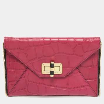Pre Owned Diane Von Furstenberg Pink Croc Embossed Leather Secret Agent Clutch 