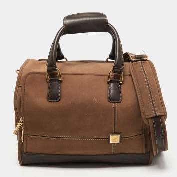Pre Owned Diane Von Furstenberg Two Tone Brown Fabric and Leather Duffle Bag
