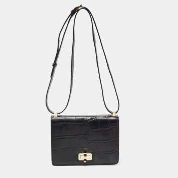 Pre Owned Diane Von Furstenberg Black Croc Embossed Leather 440 Les Crossbody Bag