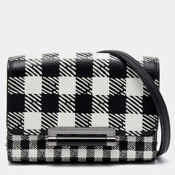 Pre Owned Diane Von Furstenberg Black/White Leather Micro Mini Gingham Shoulder Bag