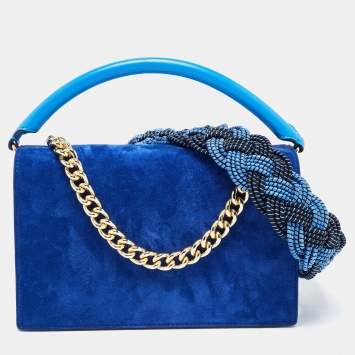 Pre Owned Diane Von Furstenberg Two Tone Blue Leather and Suede Soiree Top Handle Bag