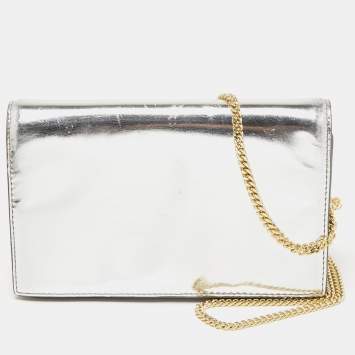 Pre Owned Diane von Furstenberg Silver Laminated Leather Flap Chain Bag