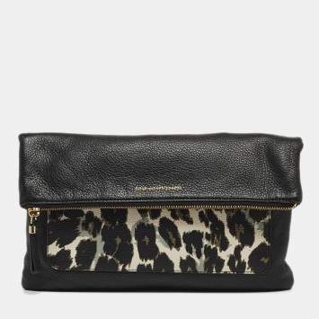 Pre Owned Diane Von Furstenberg Black Leopard Print Leather Fold Over Pouch