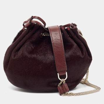 Pre Owned Diane Von Furstenberg Burgundy Calfhair and Leather Mini Love Power Drawstring Bucket Bag