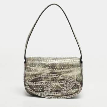 مملوكة مسبقًا Diesel Crystal Embellished 1DR Olive Green/White Leather Shoulder Bag