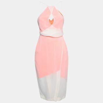 Pre Owned Dion Lee Neon Orange and Cream Sheer Silk Layered Vertigo Halter Dress S