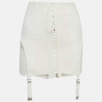 Pre Owned Dion Lee White Lace and Gabardine Lace-Up Mini Skirt S