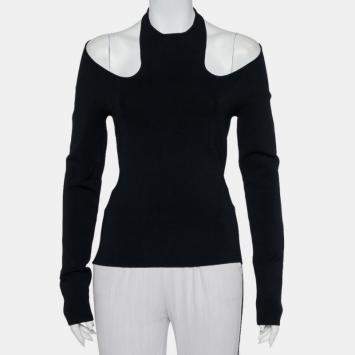 Pre Owned Dionlee Black Knit Cutaway Halterneck Long Sleeve Top L