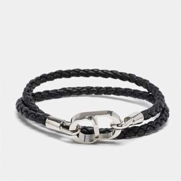 Dior CD Icon Braided Leather Silver Tone Double Bracelet