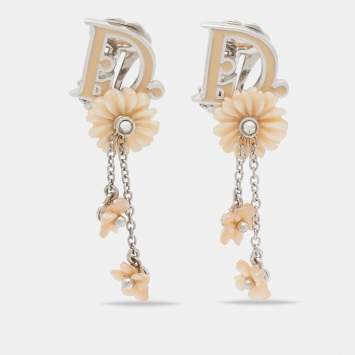Pre Owned  Dior Floral Enamel Resin Crystals SIlver Tone Clip On Earrings
