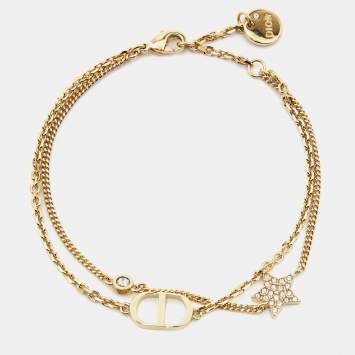 Pre Owned Dior Petit CD Crystal Star Charm Gold Tone Double Chain Bracelet