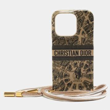 Pre Owned Dior Beige/Black Leather Diortravel iPhone 14 Pro Cord Case