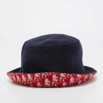 Pre Owned Dior Navy Blue/Red Oblique Wool Reversible Dior Chic Hat Size 57